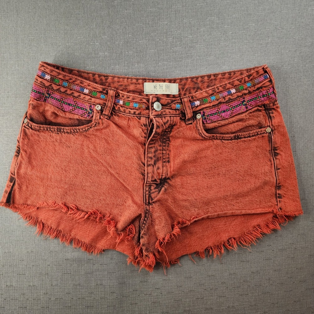 We The Free Boho Embroidered Button Fly Denim Shorts Red Orange Size 29